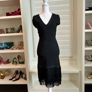 Classic Black Bandage Dress with Fringe Hem – Timeless & Chic